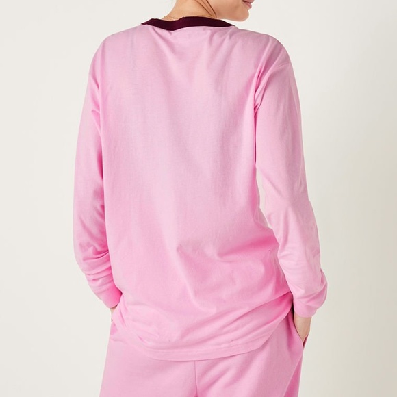 Victoria's Secret PINK Cotton Long Sleeve Campus Ringer Tee Pink Logo Large NEW - Picture 3 of 4